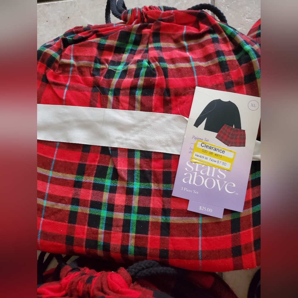 Flannel 3 Piece Pajama Sets Shirt, Shorts, Matching Bag Holiday Christmas Xmas